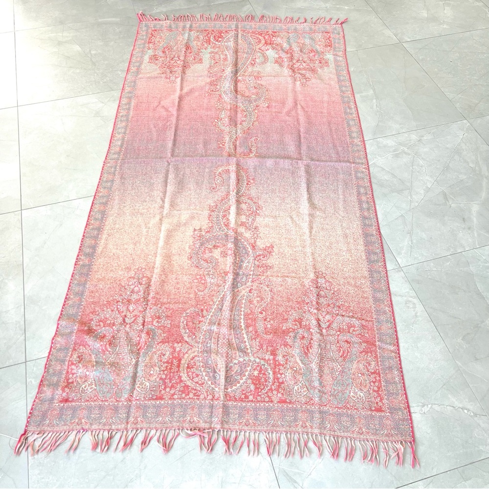 100% Pashmina Handmade Pink Turquoise Paisley Crystal Bead Long Wrap Shawl Scarf - Picture 10 of 13